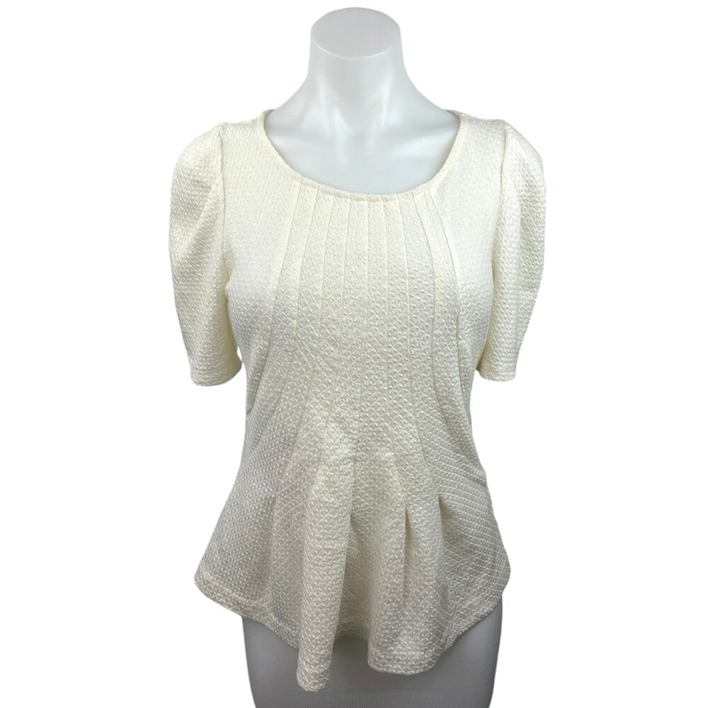 Anthropologie Georgia White Textured Pleated Puff Sleeve Peplum Blouse Top Sz S